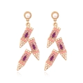 Colorful pencil-shaped drop earrings with pink rhinestones, pearls and purple enamel - Multicolor (Pink and Purple)