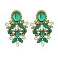 Vintage gold hollow geometric earrings with emerald green crystals and ornate design - Green