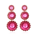 Elegant gold-tone triple round tiered earrings with vibrant magenta crystal floral clusters - Rose Red