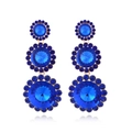 Close-up of three-tier round royal blue crystal drop earrings with gold-tone metal setting - Blue