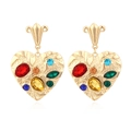 Chic gold heart earrings with colorful rhinestones and hammered metal texture in retro style - Rainbow