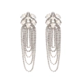 Detailed view of silver long tassel earrings with marquise-cut rhinestones and crystal fringe - Silver