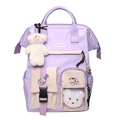 Sac à dos scolaire en nylon violet pour étudiantes avec ours en peluche et écussons - Sac Unique / Violet