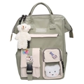 Sac à dos scolaire vert et beige grande capacité avec pendentif ours et poche transparente - Sac Unique / Vert