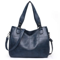 Dark blue large capacity tote bag with patchwork stitching and detachable shoulder strap - Dark Blue