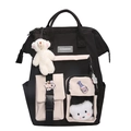 Sac à dos scolaire noir et blanc minimaliste avec ours en peluche et badge vache - Sac Unique / Noir