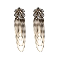 Detailed view of long gold tassel earrings with black rhinestones and marquise crystals - Gray