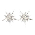 Detailed view of shimmering snowflake stud earrings with marquee-cut crystals and gold plating - White