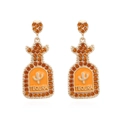 Creative gold champagne bottle earrings with amber rhinestones and cactus relief detail - Orange