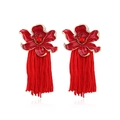 Boucles d'oreilles bohèmes à longs glands avec fleurs rouges et cristaux dorés - Rouge