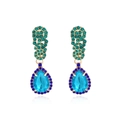 Golden teardrop earrings with vibrant blue and green crystals in a halo design - Colorful