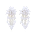 Bohemian white handmade beaded floral tassel earrings with long pearl drop design - White