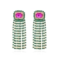 Luxury long tassel earrings with pink rectangular gemstone and green crystal fringe chains - Pink Green Contrast