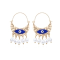 Retro Goldene Mondsichel Ohrringe mit blauem Auge Emaille und weißen Perlenperlen - Gold Blau Weiß
