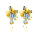 Boucles d'oreilles bohèmes fleurs en mousseline avec perles colorées fait main - Jaune