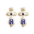 Auffällige goldene Evil Eye Ohrhänger mit emaillierter Oberfläche und Hammerschlag - Regenbogen