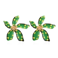 Macro shot of green floral drop earrings with yellow polka dots and golden center detail - Green
