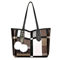 Large capacity tote bag with patchwork checkered pattern and cute cherry charm - Brown