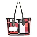 Large tote bag with red, black and white color block pattern and plush charm - Red