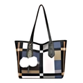 Large tote bag with geometric blue and white print and decorative fur ball charms - Blue