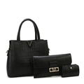 3-teiliges schwarzes Handtaschen-Set mit Krokodilprägung und goldener V-Schnalle - Set (3-Teiliges) / Schwarz