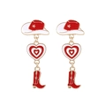 Detail of western cowboy hat and boot earrings with red heart and star patterns - Red