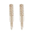 Detailed close-up of long gold fringe earrings with shimmering AB rhinestones - AB Zircon