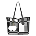 Large capacity tote bag featuring black and white plaid pattern and pompom charm - Gray