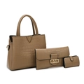 3-piece brown crocodile pattern tote bag set with matching wallet and card holder - Set (3-Piece) / Khaki