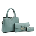 3-piece light blue crocodile pattern tote bag set with V-shaped metal hardware details - Set (3-Piece) / Blue
