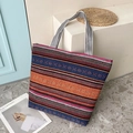 Ethnic striped canvas tote bag with multi-color geometric patterns and striped handles - Style 2: Blue Orange Red Fine Stripes Star Geometric (XiaoWei-8989)