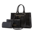 3-piece black tote bag set with crocodile pattern, including clutch and wallet - Black