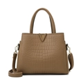 Braune Handtasche mit Krokodilprägung, goldenem V-Metall und abnehmbarem Schultergurt - Einzelne Tasche / Khaki