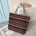 Ethnic style woven canvas tote bag with red and black geometric patterns and webbed handles - Style 3: Red Black Gold Geometric Stripes (XiaoWei-8989)