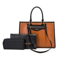 3-piece crocodile pattern handbag set in brown and black leather with gold hardware - Brown