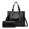 Schwarzes Handtaschen-Set aus strukturiertem Leder mit Prägung und passender Geldbörse - Schwarz