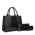 Black crocodile embossed leather handbag set with three pieces and gold hardware - Handbag And Wallet And Card Holder / Black