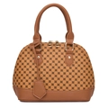 Classic shell-shaped Boston bag with clover print and brown leather handles in front view - Brown