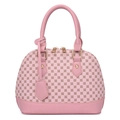 Borsa a mano a conchiglia rosa con stampa a quadrifoglio e doppi manici su bianco - Rosa