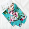 Teal satin square scarf with elegant white and pink floral prints for women - 50cm x 50cm / Lake Green Floral (FX-50)