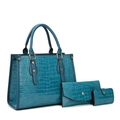 Crocodile pattern peacock blue three-piece bag set with tote, clutch and wallet - Handbag And Wallet And Card Holder / Blue
