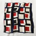 Silk square scarf with red and blue geometric block pattern on white background - 50*50CM / Modern Abstract Geometric Color Block Style (FX-33)