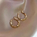 Detail of gold beaded hoop earrings featuring faceted metal beads on champagne silk - Polyhedron Beaded Style / Gold (Style E327)