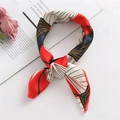 Fashionable red and black geometric square silk scarf tied in a stylish knot - Line Geometric Red (FX-27)