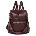 Dark brown faux crocodile leather anti-theft backpack with patterned shoulder strap - Burgundy