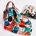 Silk satin square scarf featuring vibrant geometric abstract prints on a pink handbag - 50cm x 50cm / Multicolor Geometric Color Block