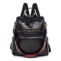 Black crocodile embossed leather anti-theft backpack with a colorful woven strap - Black