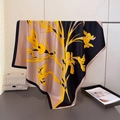 Detail of silk-like satin square scarf with yellow floral print and draped texture - Yellow (FN268-3)