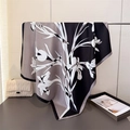 Elegant silk-feel square scarf with vintage iris floral print in black and white - Black (FN268-4)