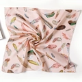 Silk-textured square scarf in pale pink with colorful feather print and rolled edges - 50cm x 50cm / Pink Feather